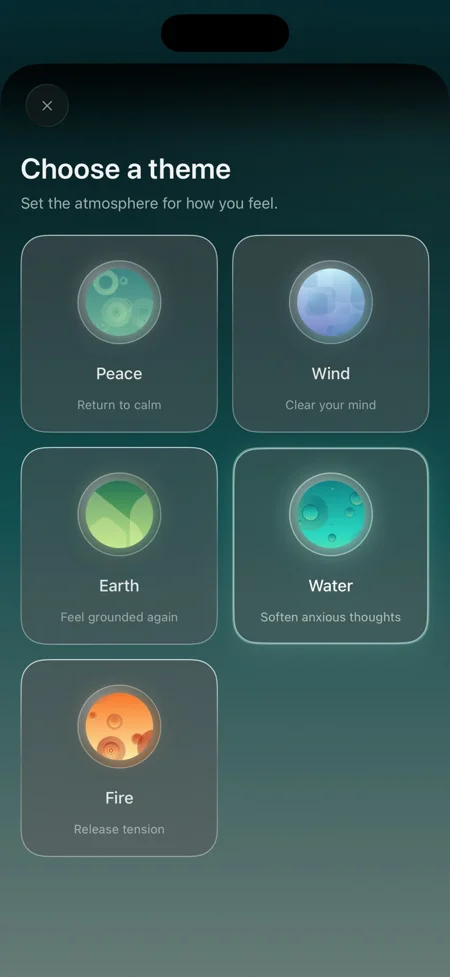 Nature-inspired meditation themes including Peace, Wind, Earth, Water, and Fire.