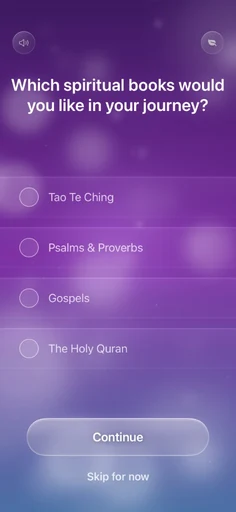 Spiritual Me app screen asking which spiritual books you would like in your journey: Tao Te Ching, Psalms & Proverbs, Gospels, and The Holy Quran.