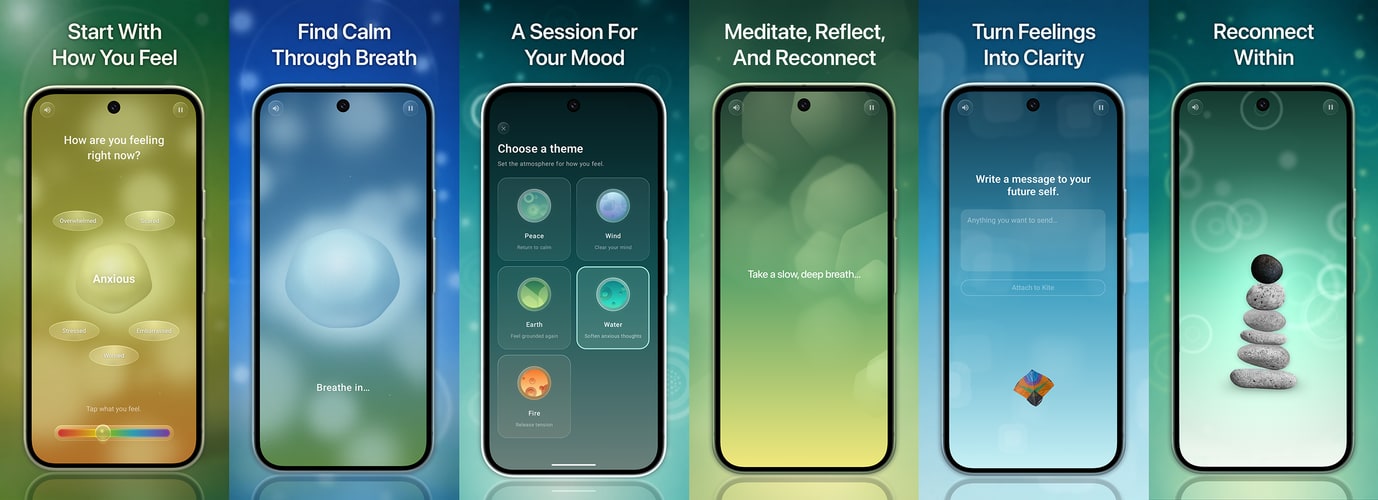 Six Spiritual Me app screens showing emotional check-in, guided breathing, theme selection, meditation, reflection journaling, and reconnecting within.