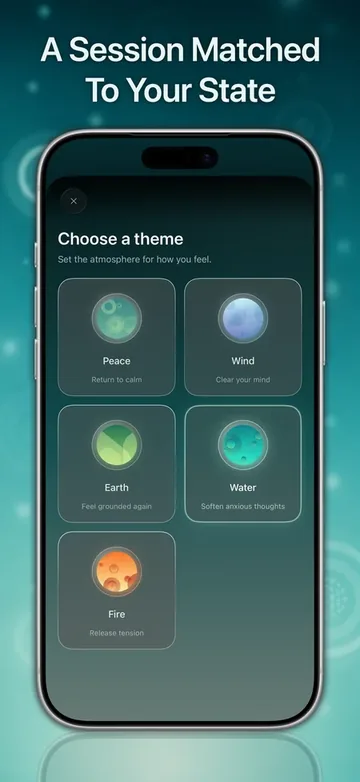 Spiritual Me store graphic reading A Session Matched To Your State, showing the Choose a theme screen with Peace, Wind, Earth, Water, and Fire.